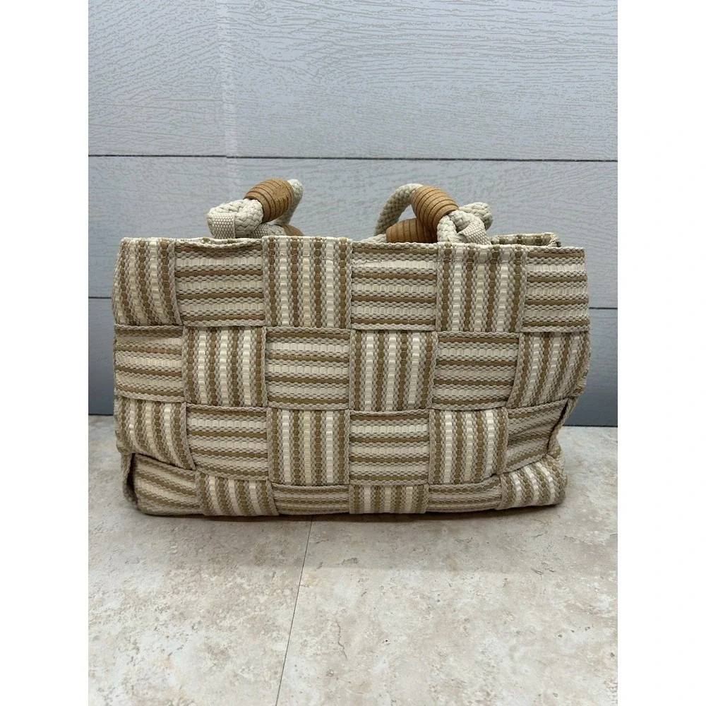 Vintage Handbag White & Brown Straw Woven Purse Rope Handles Made In Italy - Picture 3 of 10